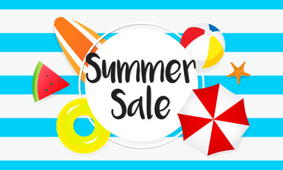 Wall Mural - Summer sale banner vector illustration. Pool toys, yellow rubber ring and beach umbrella on blue stripes background.