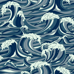 Seamless Pattern with Hand Drawn Stylized Sea Waves. Vector Illustration.