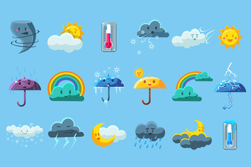 Wall Mural - Weather forecast big set, meteorology symbols collection vector illustration