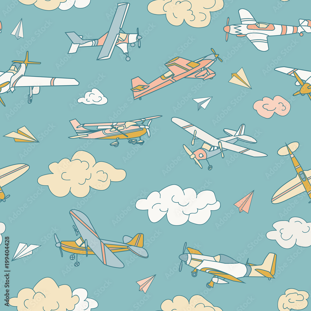 Retro planes in different trendy colors seamless pattern. Flat design ...