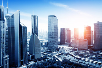 Wall Mural - Aerial view of Shanghai's high density central business area. High rise office buildings and skyscrapers with glass surface. Urban roads with multiple lanes and green city park. Shanghai, China