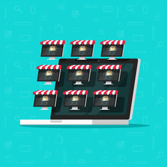 Wall Mural - Marketplace online store vector illustration, flat cartoon internet multivendor shop on laptop computer with multi vendor stores, lots of on-line electronic shops on screen, ecommerce technology