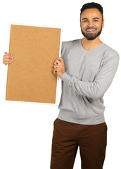 Portrait of a happy afro american man holding blank board isolated on a white background