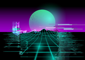 1980's neon grid lines and mountain landscape with a neon sun in purple and green. Glitch background vector illustration.