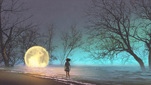 Night Scenery Of Young Woman Looking At The Fallen Moon On The Lake, Digital Art Style, Illustration Painting