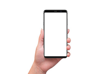 Poster - Modern smart phone with round edges in woman hand. Isolated screen and background.