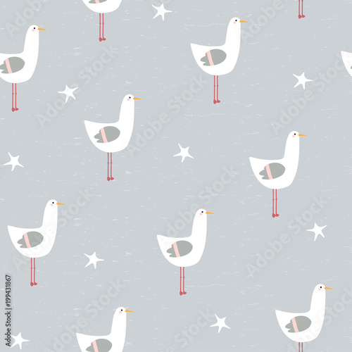 Cotton fabric Funny seagull and starfish seamless pattern. Vector hand drawn illustration.