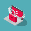 Ransomware vector symbol with laptop, red padlock and chain isolated on blue background. Flat design, easy to use for your website or presentation.