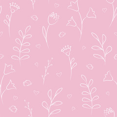 Naklejka na meble Floral seamless pattern with white hand drawn flowers on a pink background. Vector.
