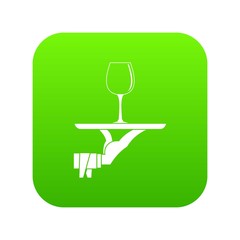 Wall Mural - Waiter hand holding tray with wine glass icon digital green