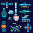 Rocket vector spaceship or spacecraft and satellite or lunar-rover illustration set of spaced ship in universe space isolated on background