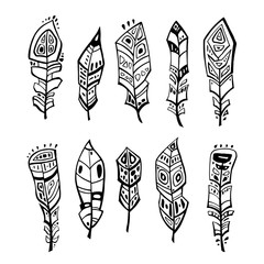 Sticker - Ethnic Feathers Set. Hand drawn vector illustration. Design element