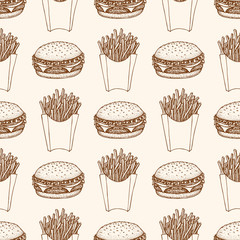 Wall Mural - Seamless pattern with burger and french fries. Illustration of fast food