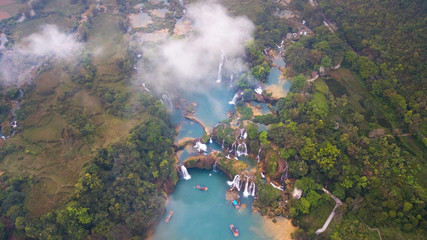 Aerial view on the Ban Gioc Waterfall at cloudy March  - the most magnificent waterfall in Vietnam