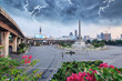 thunderclap with black cloud at victory monument landmark in Bangkok