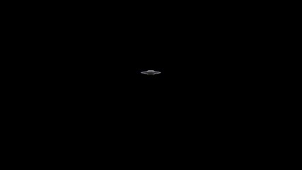 Wall Mural - flying saucer ufo rotates moving over top of black background. moves over and away from camera into 