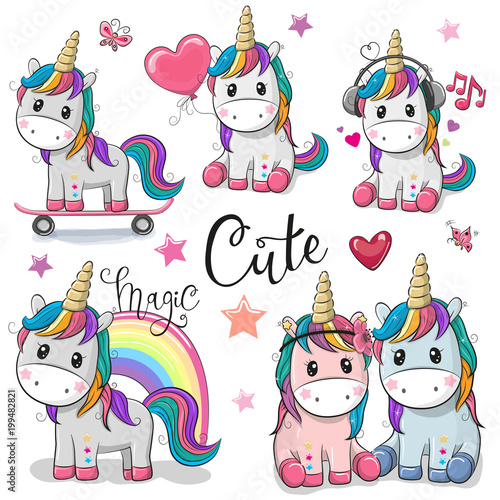 Fotografía Set of Cute Cartoon Unicorns