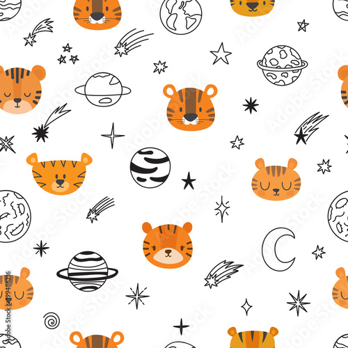 Cute space seamless pattern with cartoon tigers Tableau sur Toile