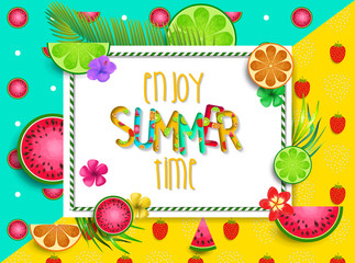 Wall Mural - Summer design vector banner with fruits background and exotic palm leaves, hibiscus flowers and Enjoy Summer Time typography.