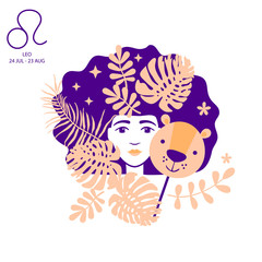 lion to leo of zodiac and horoscope concept, vector art and illustration. girl. beautiful girl silho