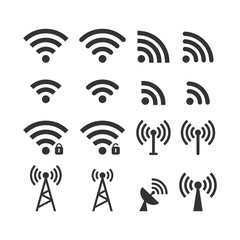 Wall Mural - Wireless signal web icon set. Wi fi icons. Secured, unsecured, anthena, beacon password protected icons.