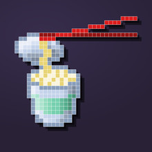 Pixel Instant Noodles Lamp Icon. 8-bit Hot Ramen Gives More Energy And Lifes. Isolated Retro Icon With Shadow.