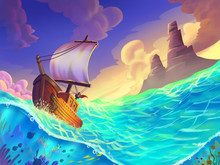 The Small Boat Caught In A Storm On The Sea With Fantastic, Realistic And Futuristic Style. Video Game's Digital CG Artwork, Concept Illustration, Realistic Cartoon Style Scene Design
