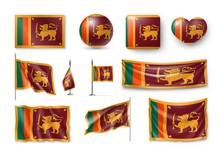 Set Sri Lanka Flags, Banners, Banners, Symbols, Flat Icon. Vector Illustration Of Collection Of National Symbols On Various Objects And State Signs