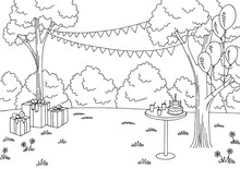 Children Party Graphic Black White Landscape Sketch Illustration Vector 