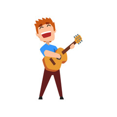 Sticker - Male musician playing classical guitar and singing, hobby or profession vector Illustration on a white background