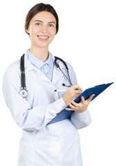 Wall Mural - Young beautiful doctor with clipboard isolated on white