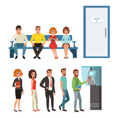 Wall Mural - Groups of people standing and sitting in queues near ATM and cabinet door. Cartoon characters of young men and women waiting their turn in line. Flat vector