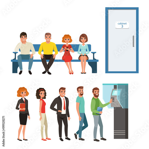 Groups of people standing and sitting in queues near ATM and cabinet ...