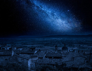 Milky way and Assisi in Umbria, Italy