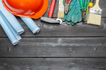 Wall Mural - Assorted work tools on wooden table