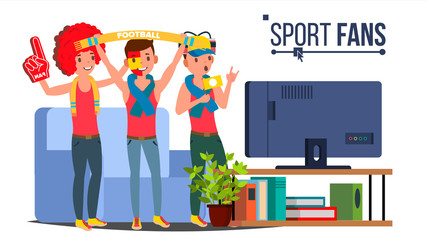 Canvas Print - Sport Fans Group Vector. Fan Attributes. Watching TV On Couch. Isolated Flat Cartoon Illustration