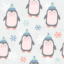 Childish Seamless Pattern With Cute Penguin. Creative Texture For Fabric