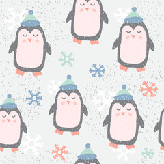 Wall Mural - Childish seamless pattern with cute penguin. Creative texture for fabric