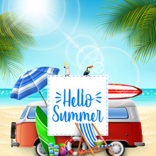 Hello Summer Banner Background With A Camper Van, Birds, And Beach Elements