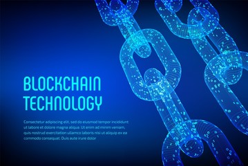 Wall Mural - Block chain. Crypto currency. Blockchain concept. 3D wireframe chain with digital code. Editable cryptocurrency template. Stock vector illustration.