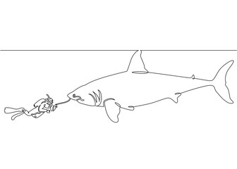 Wall Mural - Continuous single drawn one line of a scuba diver with a camera and a shark under the water