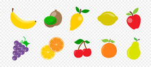 Fresh Juicy Fruit And Berries In Flat Style On Transparent Background