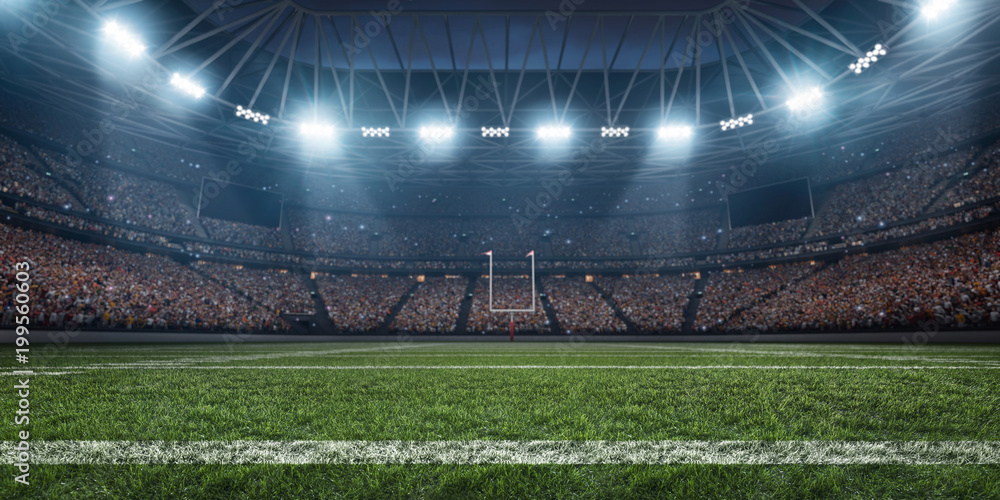 Dramatic 3D professional American football arena with green grass and rays of light - obrazy, fototapety, plakaty 