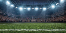 Dramatic 3D Professional American Football Arena With Green Grass And Rays Of Light