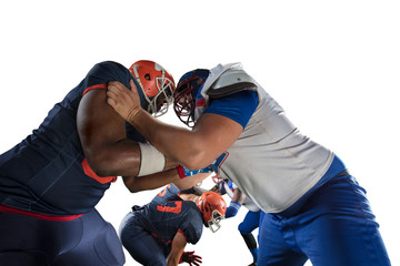 Wall Mural - Isolated American football players fight for the ball in white background