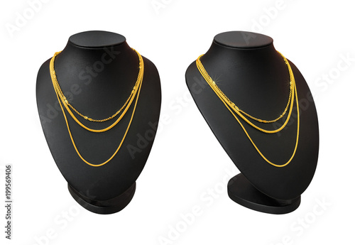 Cuadros en Lienzo Necklace display stand with gold necklace isolated on white background