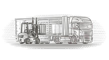 Wall Mural - Forklift truck loading semitrailer truck illustration. Vector. 