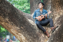 Portrait Of Young Handsome Man Playing The Ukulele In A Park. Outdoors.