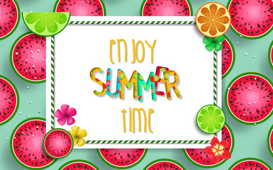 Wall Mural - Summer design vector banner with fruits background and exotic palm leaves, hibiscus flowers and Enjoy Summer Time typography.