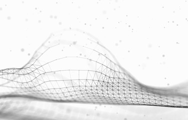 Abstract Futuristic 3d Render Illustration. Plexus polygonal background. Wireframe landscape concept. Dark sci-fi backdrop. Dots and lines connections. Space surface. Big data macro wireframe.